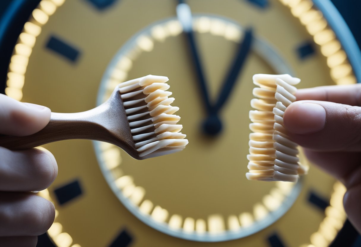 A person holding a miswak and brushing their teeth, with a clock in the background showing the recommended time for usage