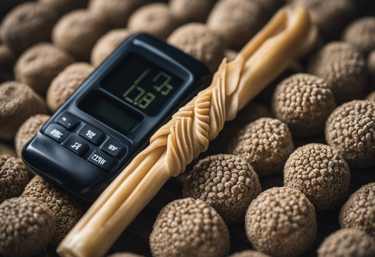 A miswak lying next to a timer set for 5 minutes