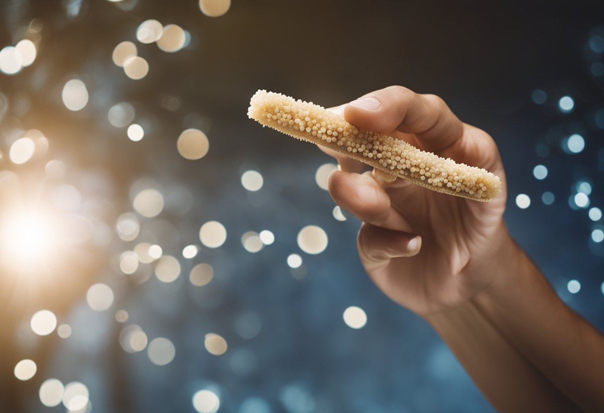 A hand holding a miswak, surrounded by sparkling teeth and fresh breath symbols