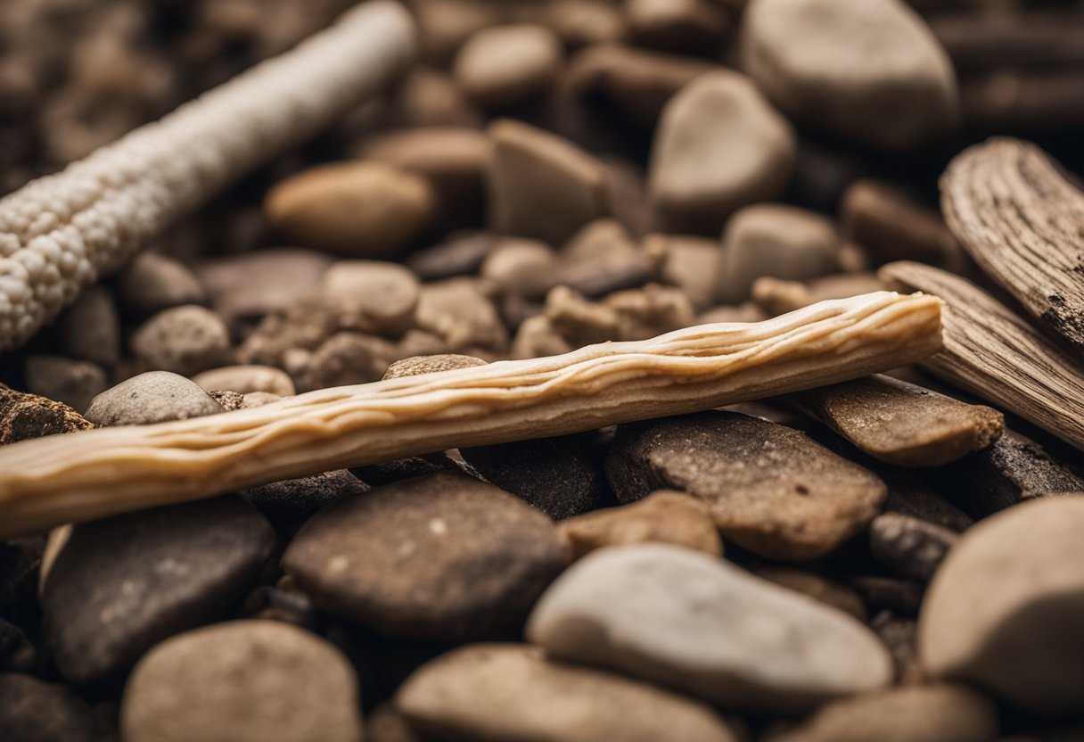 A miswak with black discoloration, surrounded by natural elements like trees and rocks