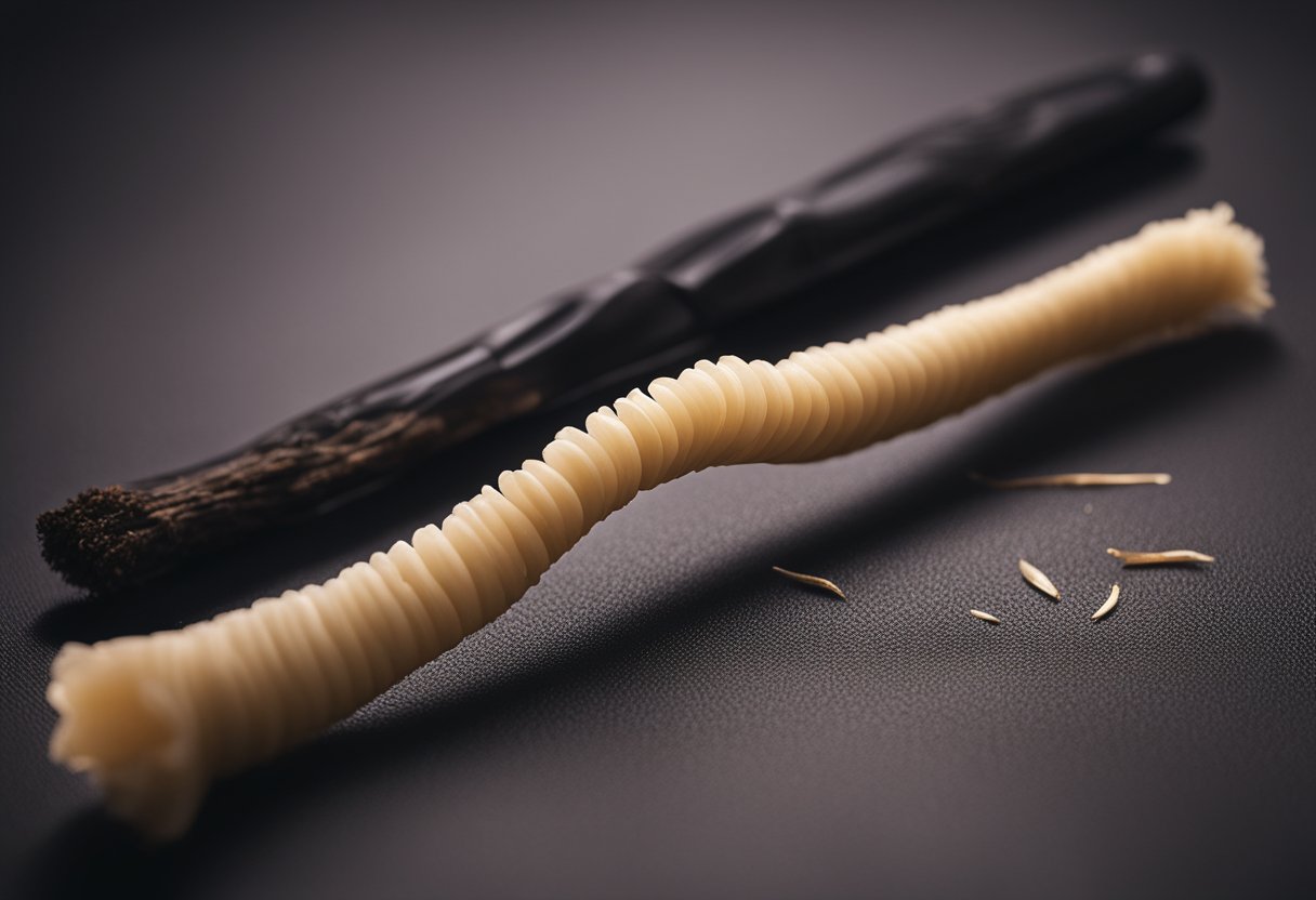 A miswak with blackened bristles lies next to a new, clean miswak