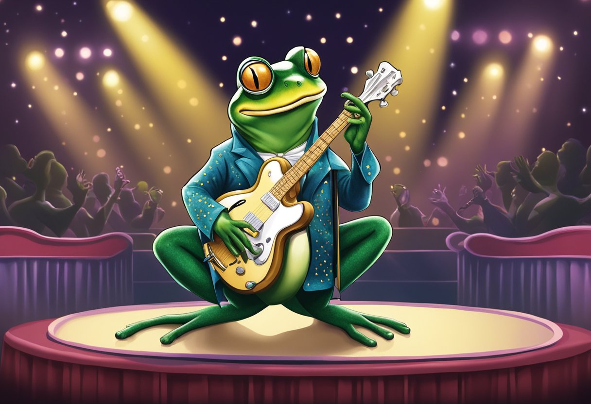 A frog dressed as Elvis performing on a Vegas stage