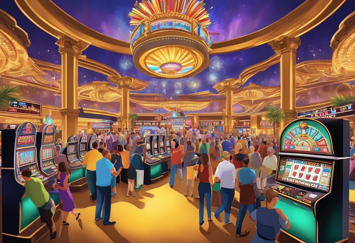 A lively Las Vegas casino with a stage, slot machines, and a crowd of excited patrons