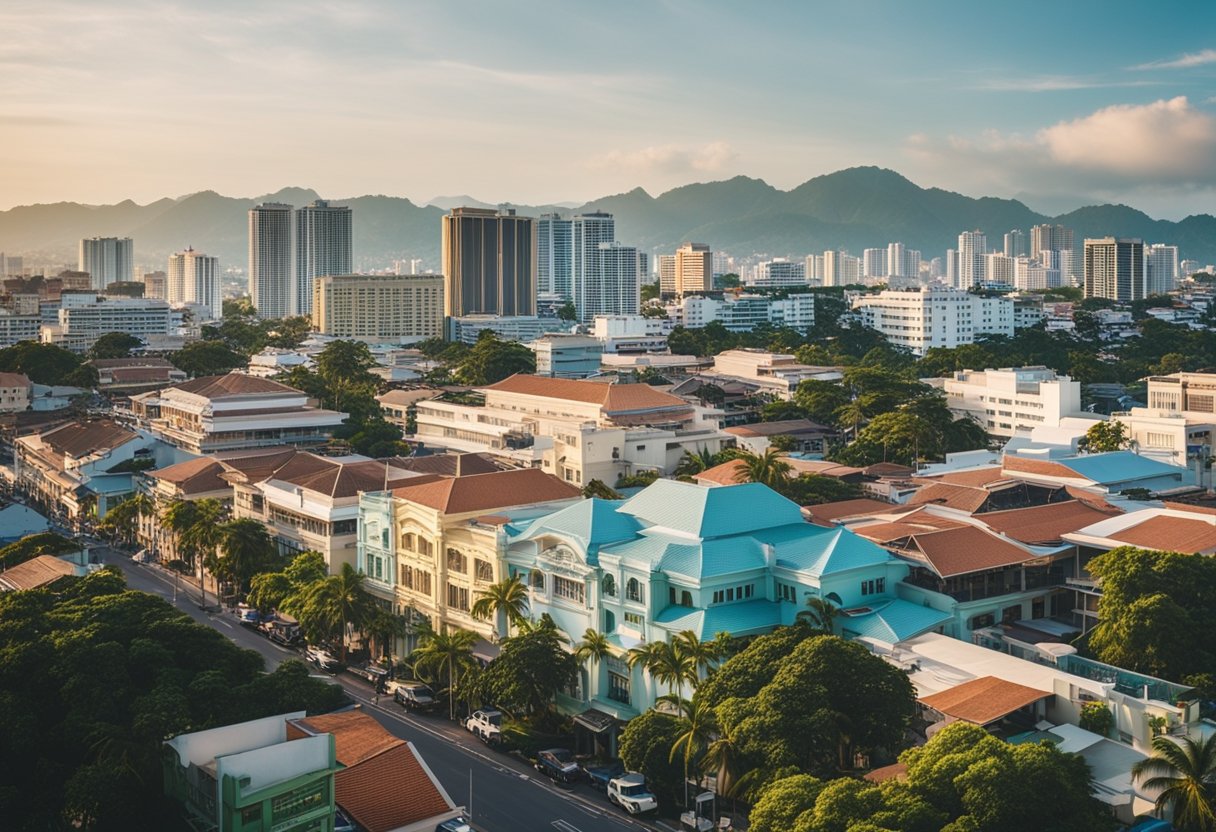 A bustling city street lined with a mix of colonial and contemporary buildings, showcasing Cebu's unique architectural blend