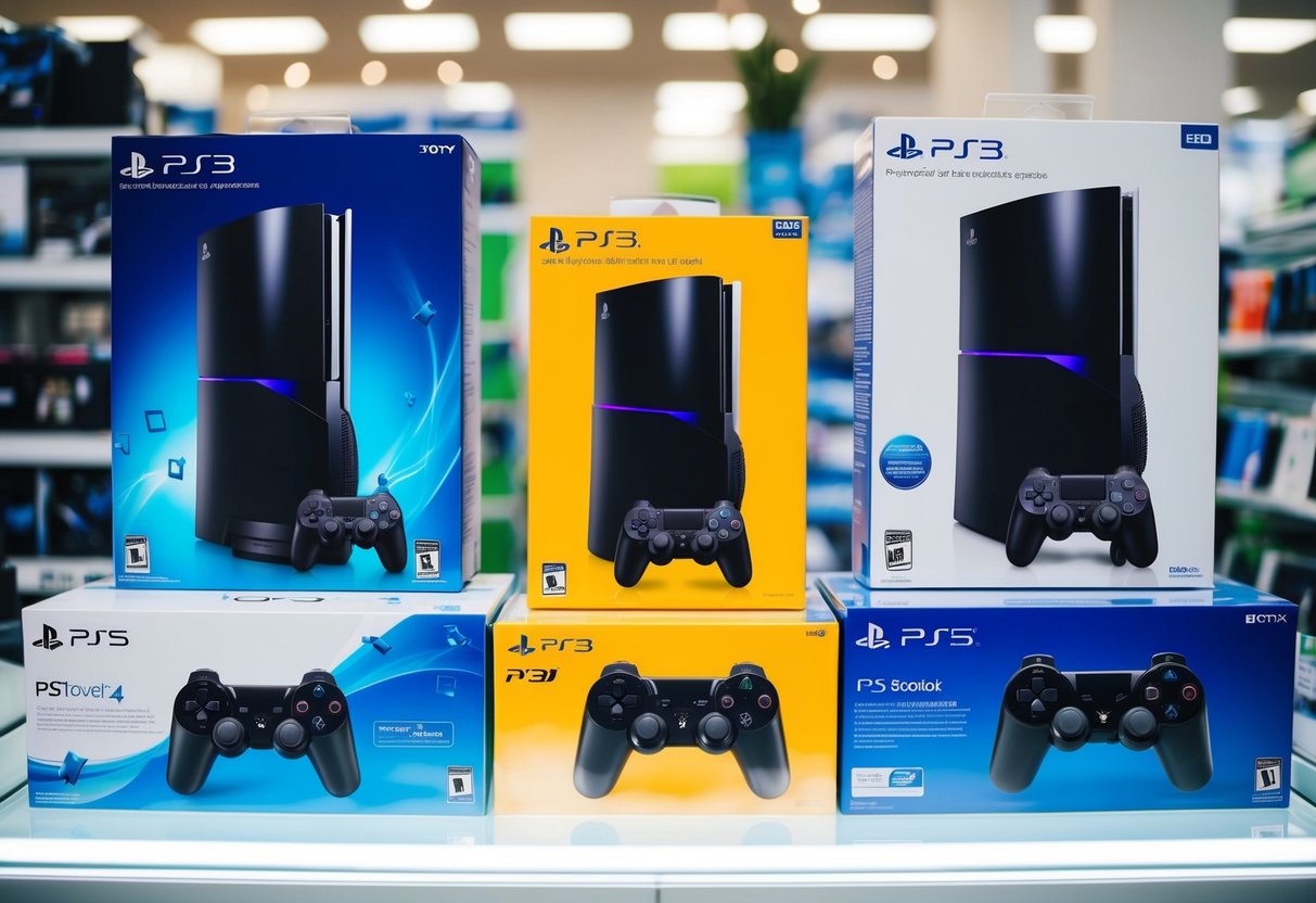 A colorful display of PS3 consoles and promotional materials in a retail setting