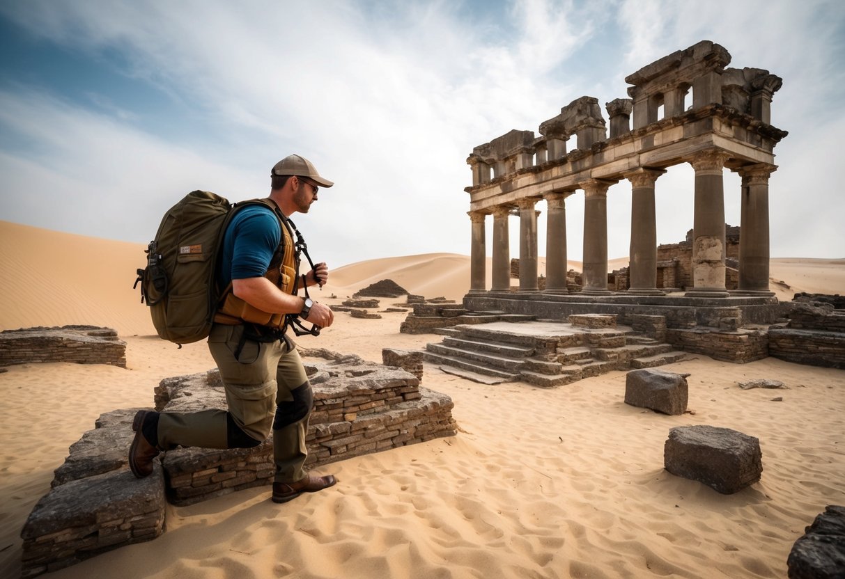 A treasure hunter explores ancient ruins, surrounded by sand dunes and crumbling architecture, with a sense of mystery and adventure