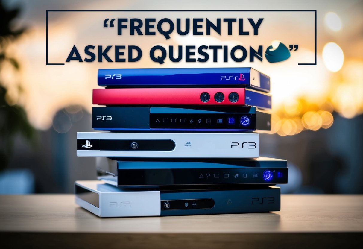 A stack of PS3 game cases with a "Frequently Asked Questions" banner above them