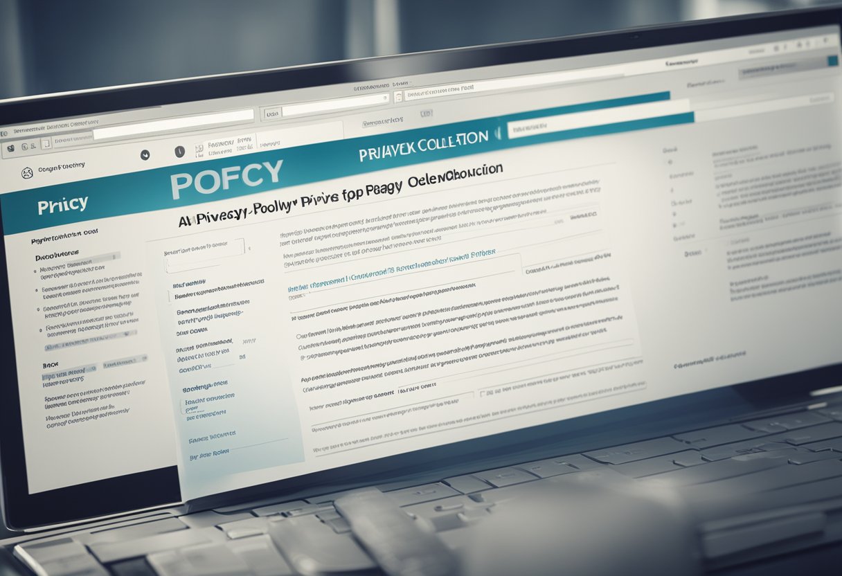 Sebuah layar komputer menampilkan halaman kebijakan privasi dengan ikon kunci dan formulir pengumpulan data