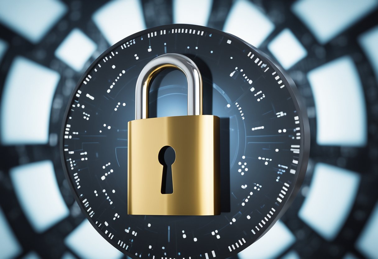 Sebuah gembok dengan lambang perisai dikelilingi oleh kode biner dan lubang kunci, melambangkan perlindungan dan pengelolaan data untuk kebijakan privasi OLXTOTO