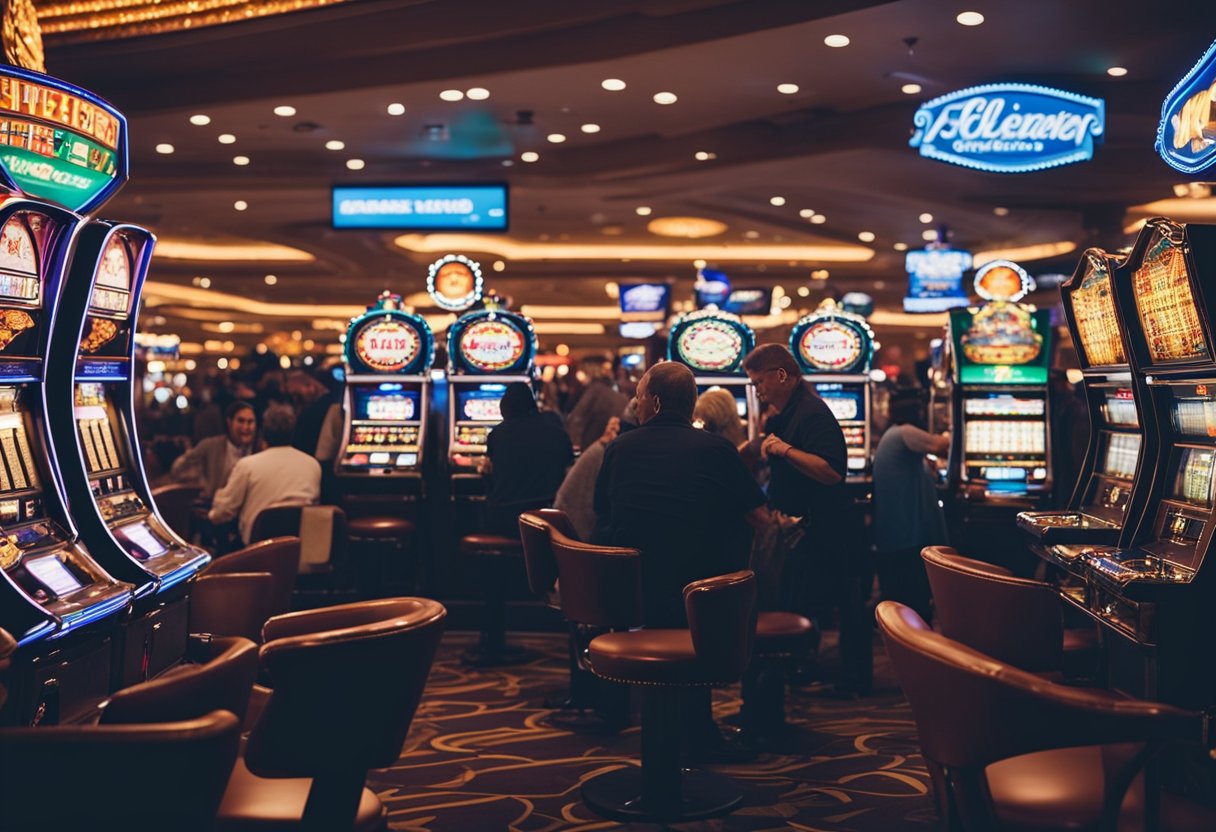 Sebuah kasino yang ramai dengan mesin slot, meja kartu, dan lampu neon. Para pengunjung bercampur dan bermain permainan di tengah suasana yang hidup.