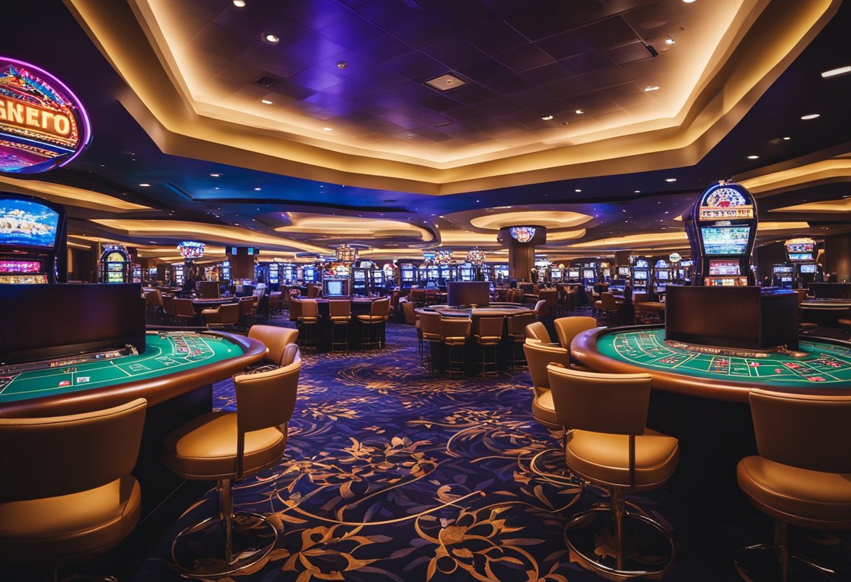 Sebuah lantai kasino yang ramai dengan mesin slot berwarna-warni, meja kartu, dan roda roulette yang dikelilingi oleh pemain yang antusias. Lampu terang dan suasana yang hidup memenuhi ruangan.