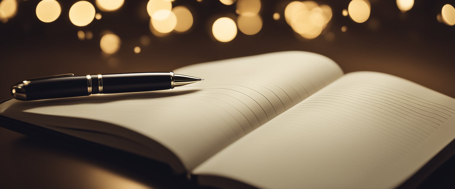 A blank notebook surrounded by a halo of glowing light, with a pen hovering above the pages, ready to write