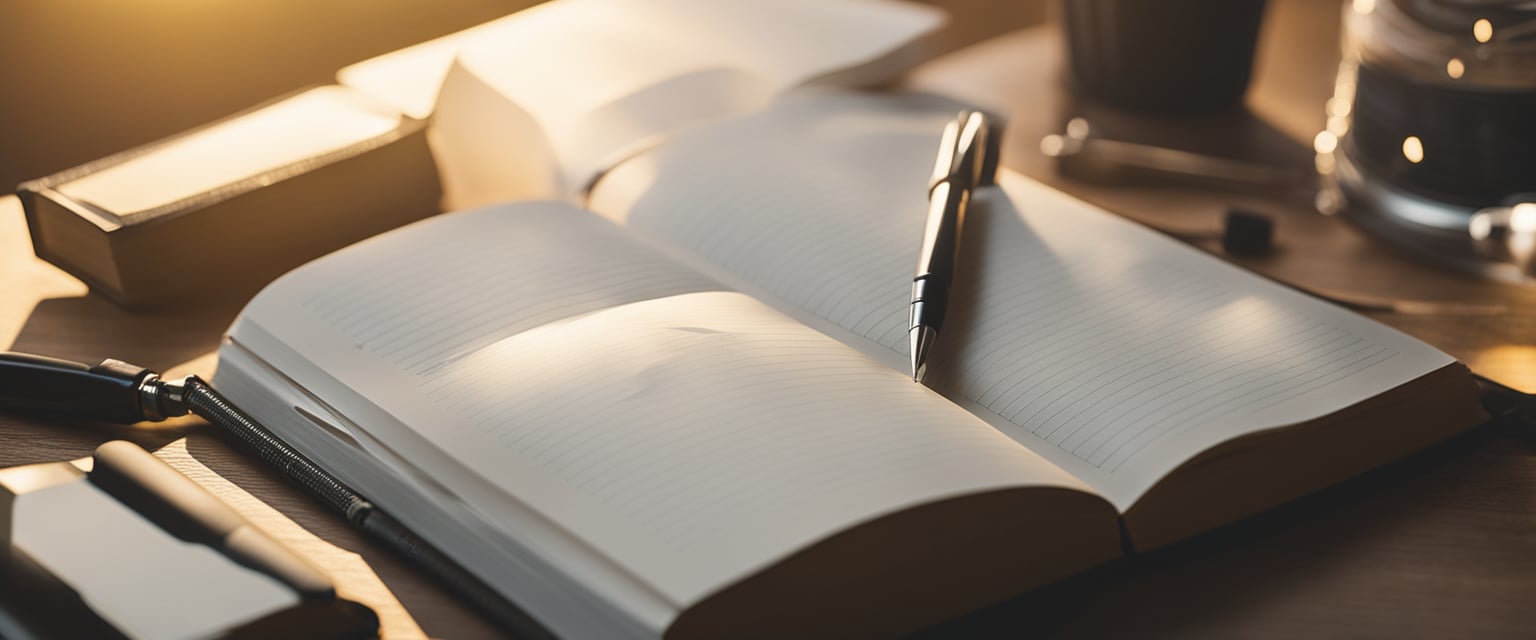 A blank notebook surrounded by a variety of writing tools, with a beam of light shining down onto the open page