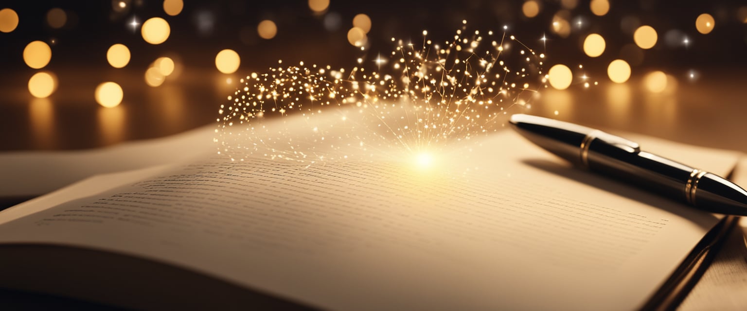 A pen hovers over a blank page, surrounded by glowing symbols and swirling energy, as if ready to channel the power of manifestation through writing