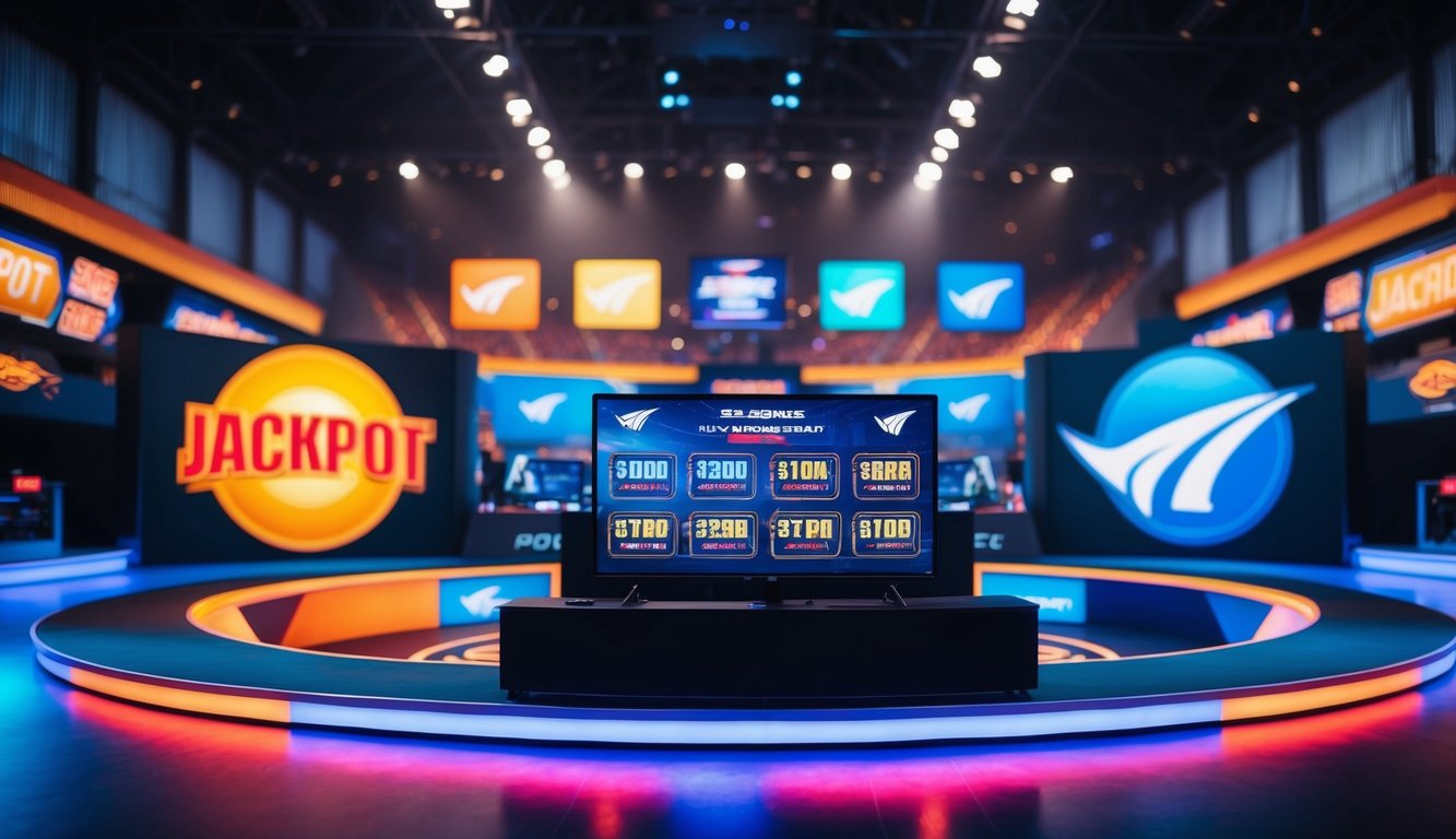 Arena e-sports yang dinamis dengan simbol jackpot dan promosi yang menarik