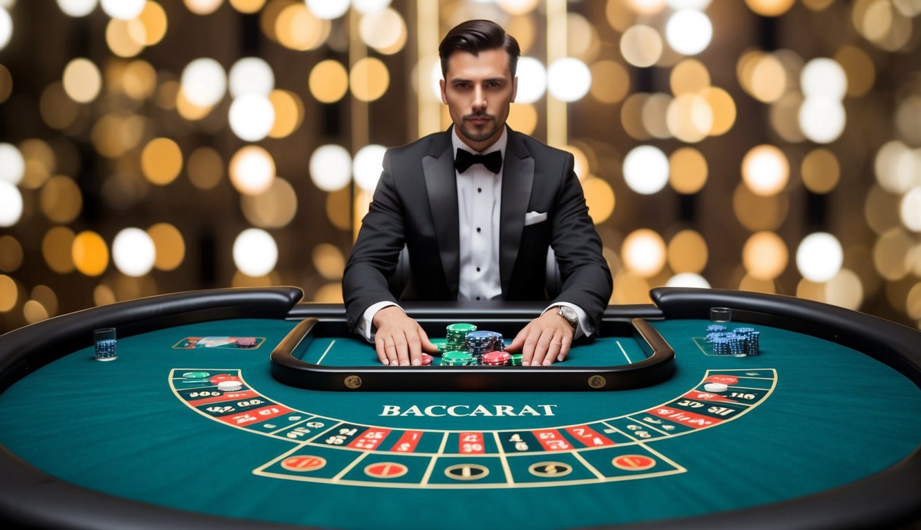 Sebuah meja baccarat online yang ramping dan modern dengan dealer langsung, diatur di latar belakang definisi tinggi