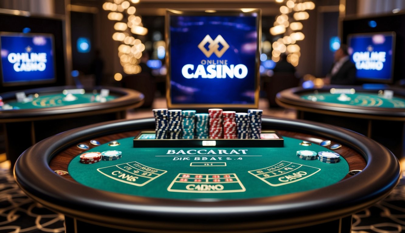 Sebuah meja baccarat mewah dengan kartu dan chip virtual, dikelilingi oleh branding kasino online yang ramping dan modern