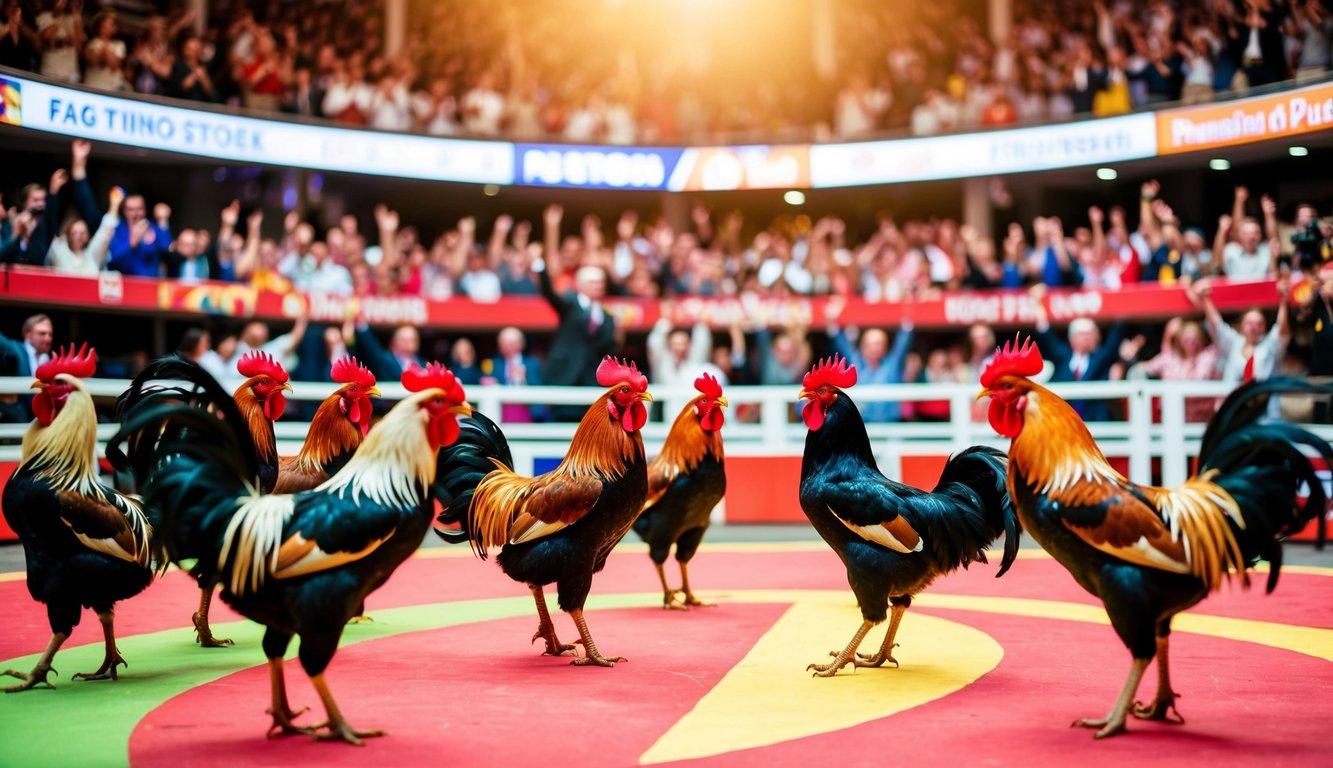 Sebuah arena yang ramai dan berwarna-warni dengan ayam jantan dalam berbagai posisi bertarung, dikelilingi oleh penonton yang bersorak dari seluruh dunia