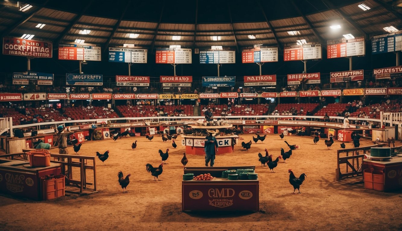 Sebuah arena sabung ayam yang ramai dengan berbagai opsi dan pasar taruhan