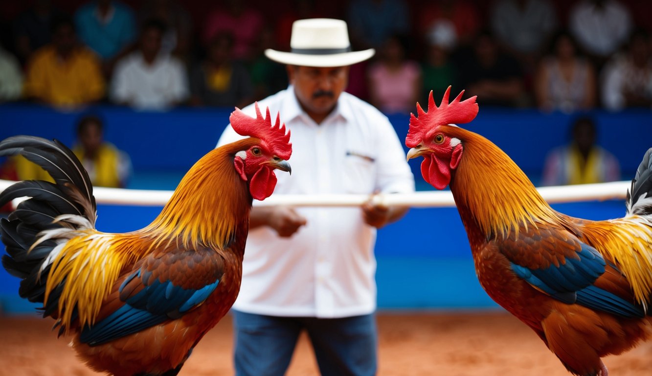 Ayam jantan saling berhadapan dalam kompetisi sabung ayam yang meriah, dengan Judi mengawasi pertandingan yang intens.