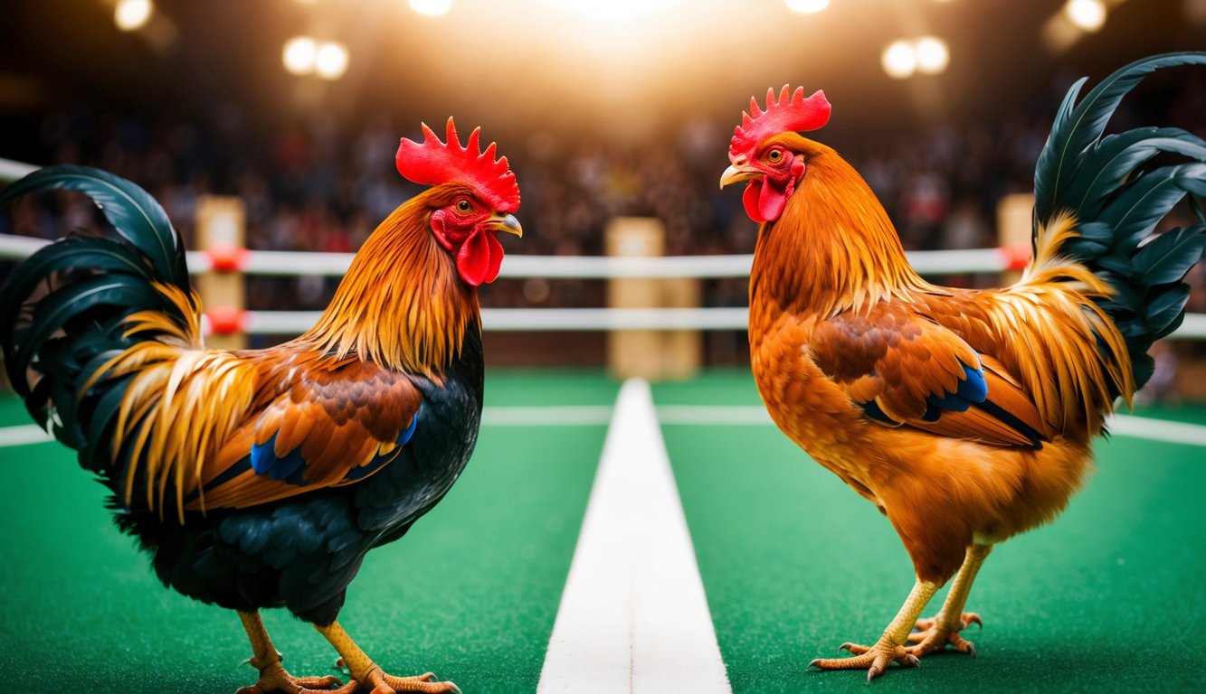 Seekor ayam jantan dan seekor ayam betina berhadapan di arena sabung ayam online, dengan tim dukungan pelanggan 24/7 yang membantu pemain.