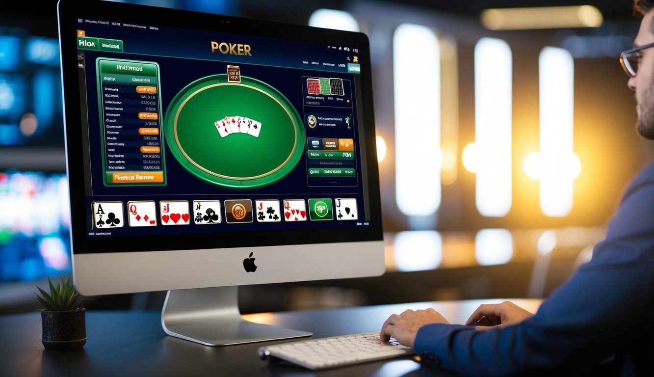 Sebuah layar komputer dengan antarmuka permainan poker, disertai dengan tutorial dan panduan sederhana yang mudah dipahami untuk pemula