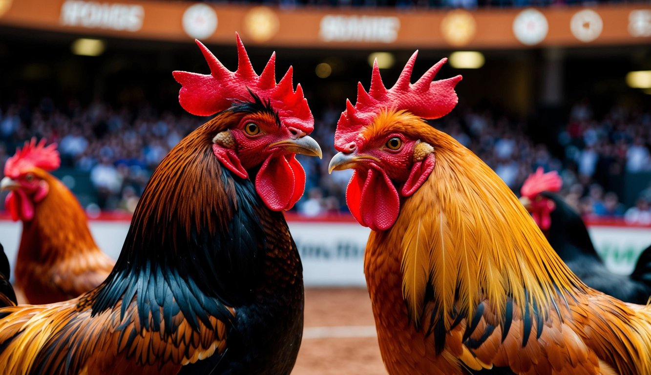 Dua ayam jantan berhadapan di arena yang ramai dengan sistem pembayaran cepat dan metode transaksi yang aman.