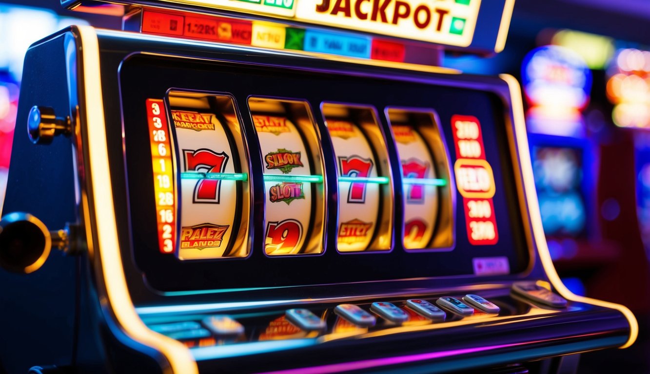 Sebuah mesin slot online berwarna-warni dengan lampu berkedip dan jackpot yang terus meningkat