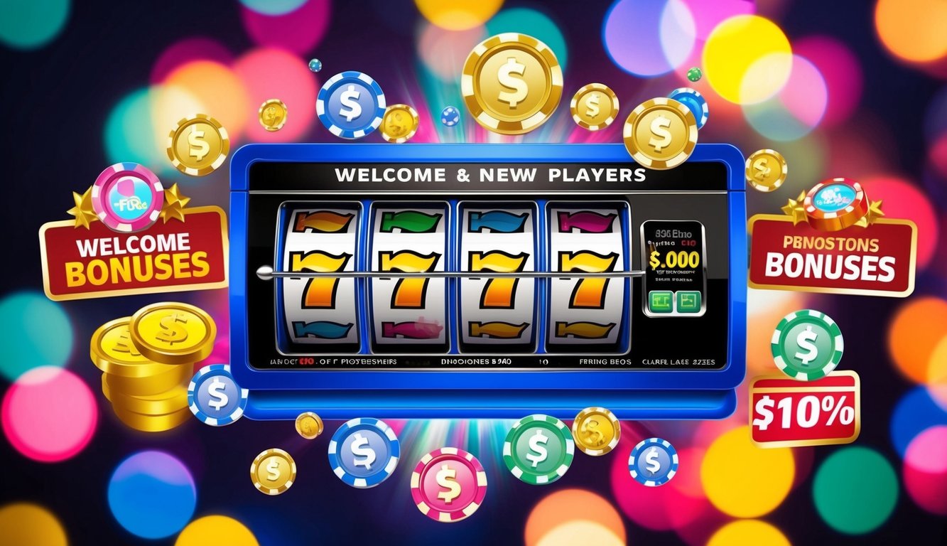 Mesin slot online berwarna-warni yang dikelilingi oleh bonus sambutan dan promosi menarik untuk pemain baru