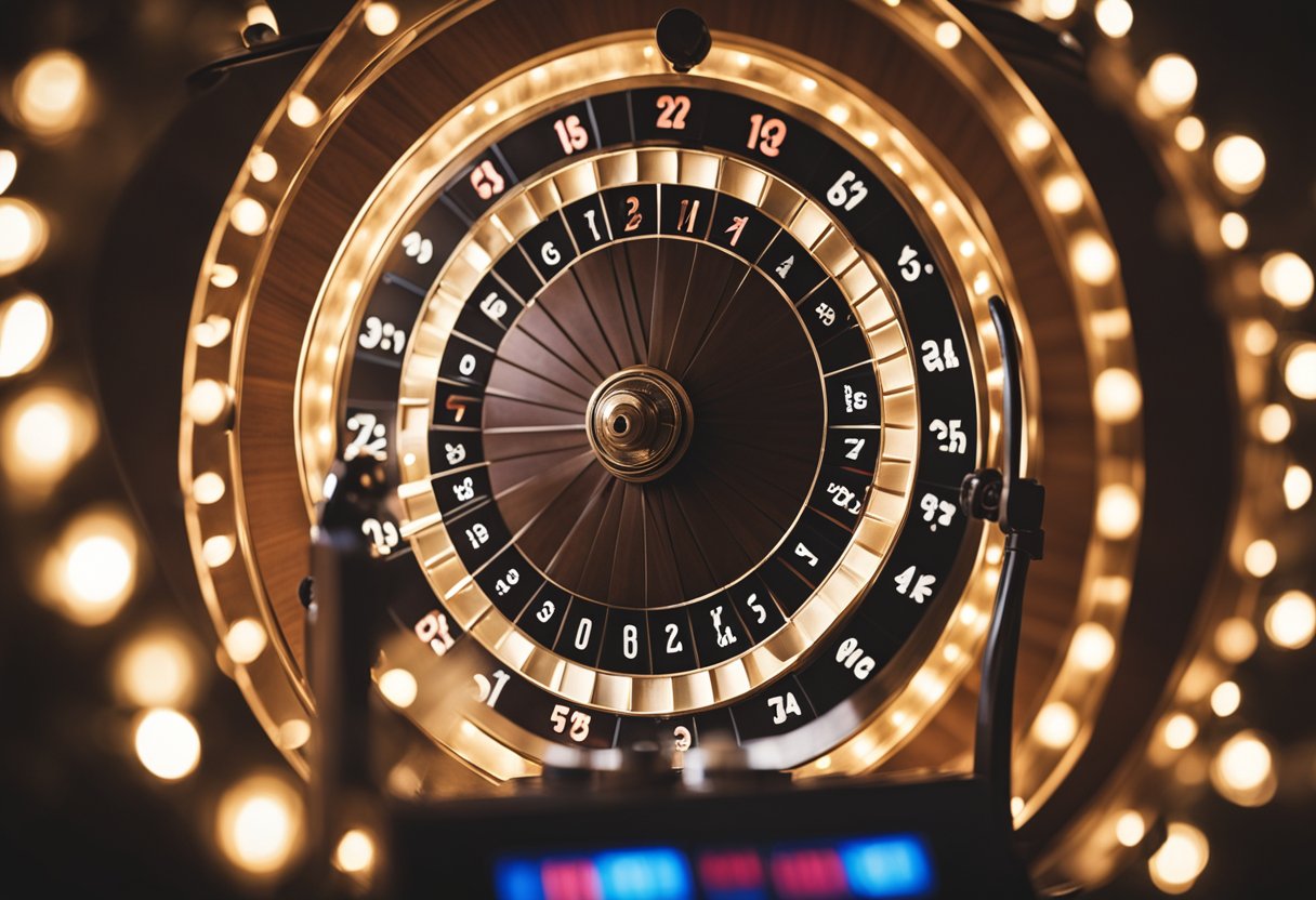 Sebuah roda berputar dengan 24 slot bernomor, dikelilingi oleh lampu berkedip dan dekorasi kasino