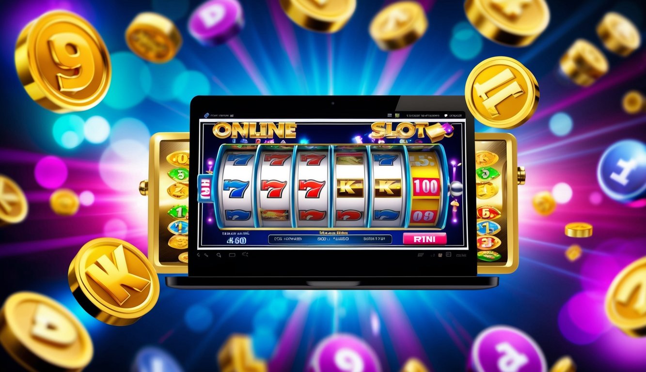 Mesin slot online berwarna-warni dengan peluang menang tinggi, dikelilingi oleh simbol permainan yang menarik dan grafik yang hidup