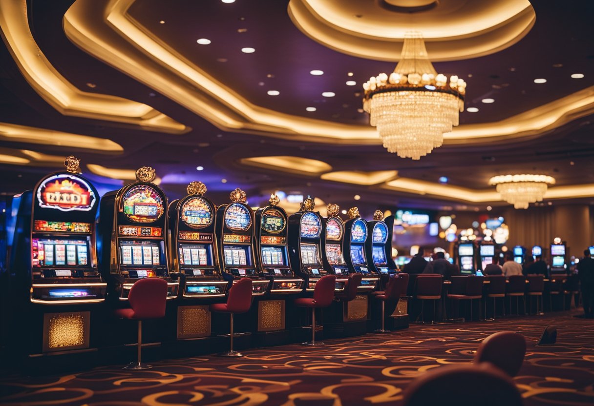 Sebuah kasino yang ramai dengan mesin OLXTOTO 12d, lampu berkedip, dan suasana yang hidup