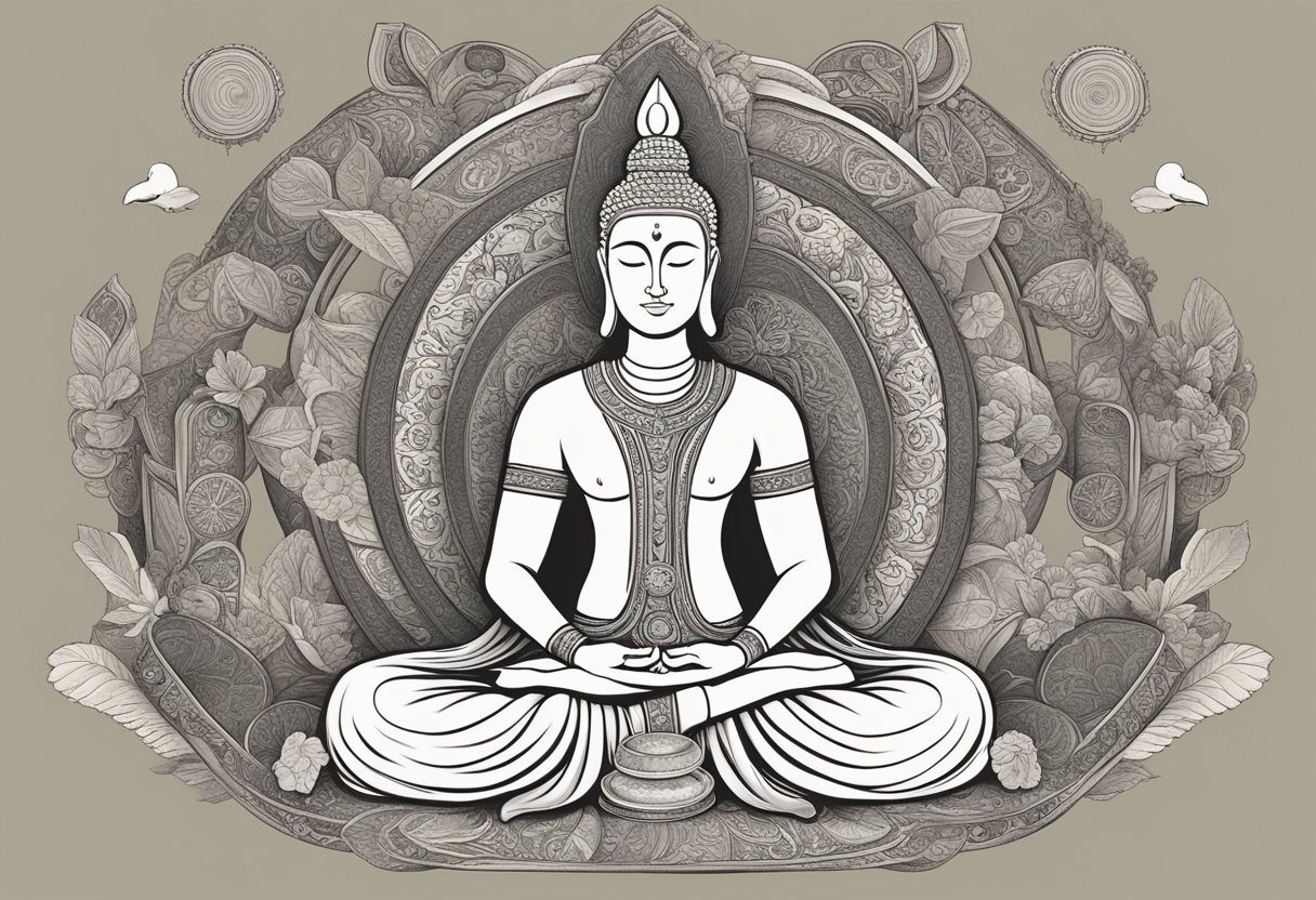 A serene figure sits in meditation, tongue extended upwards towards the nasal cavity, surrounded by symbols of luck and abundance