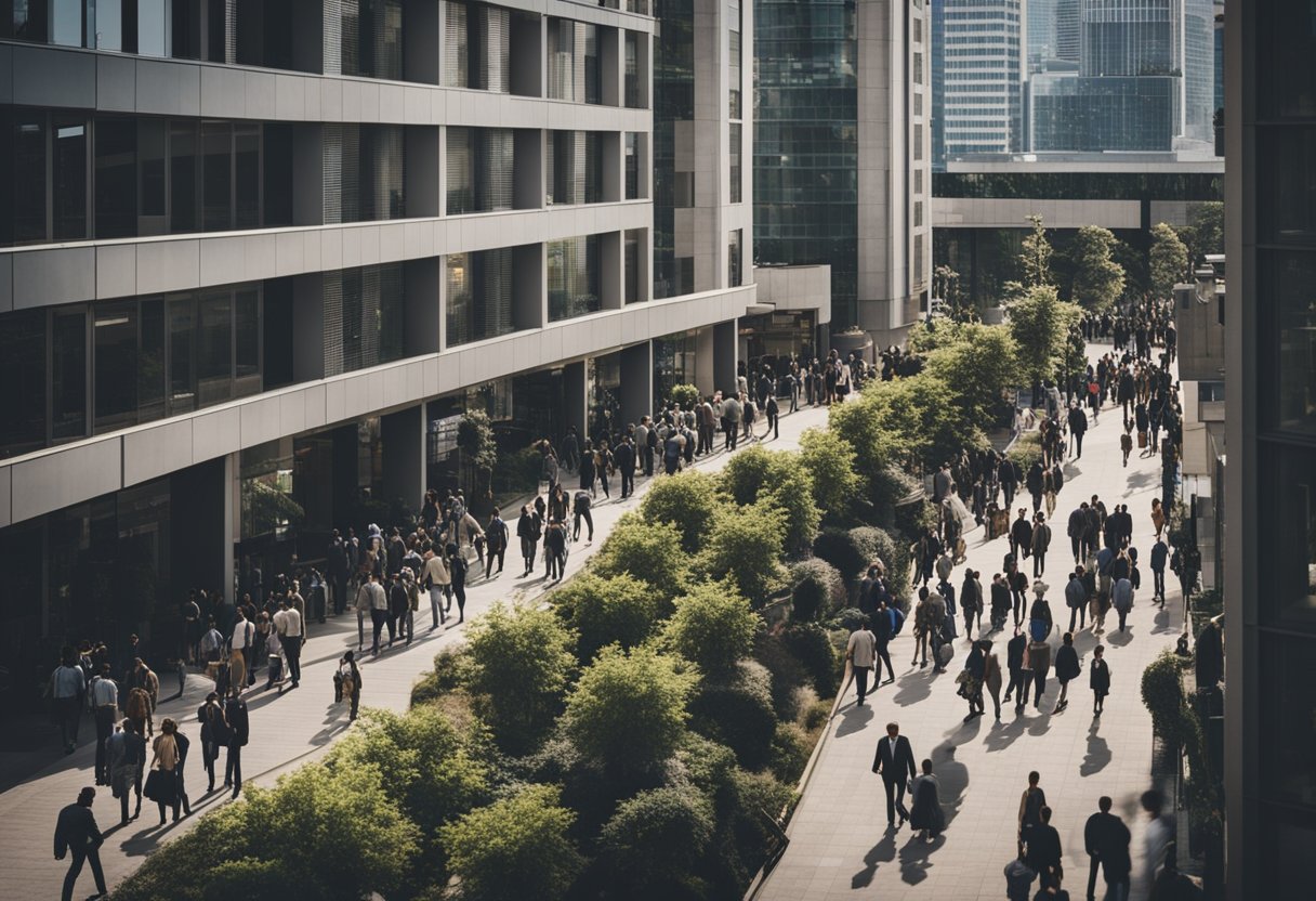 A crowded city with high-rise buildings and long lines of people waiting to enter housing offices