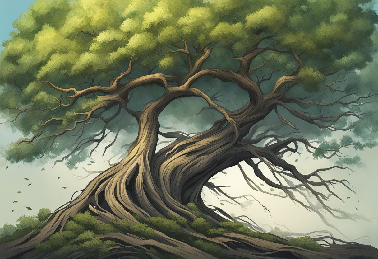 A resilient tree bending in the wind, surrounded by broken branches