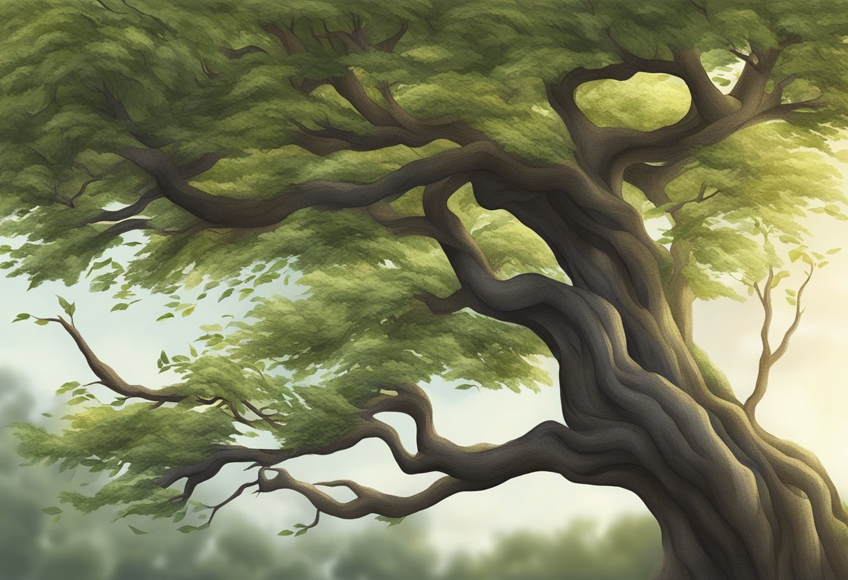 A tree bending in the wind, with branches swaying and leaves rustling, while maintaining its strength and resilience