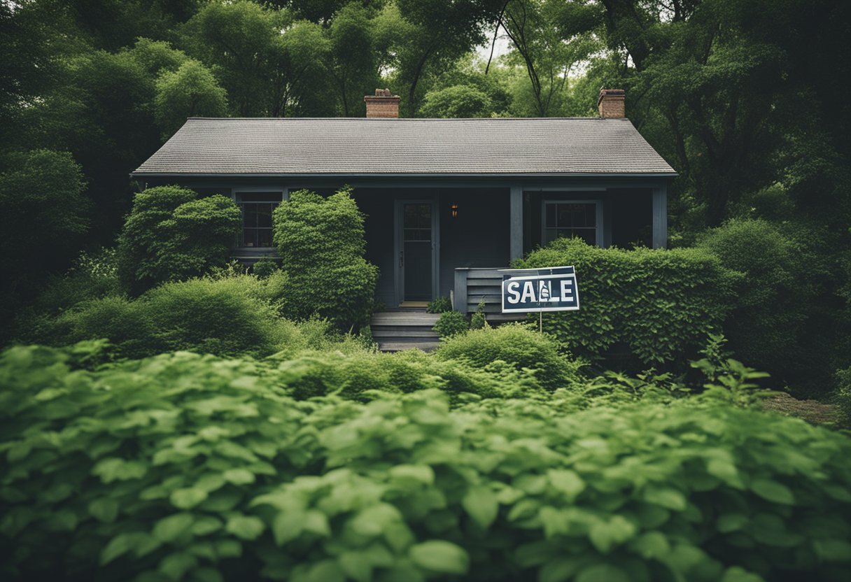 A secluded house nestled among lush trees, with a "For Sale" sign hidden beneath overgrown foliage