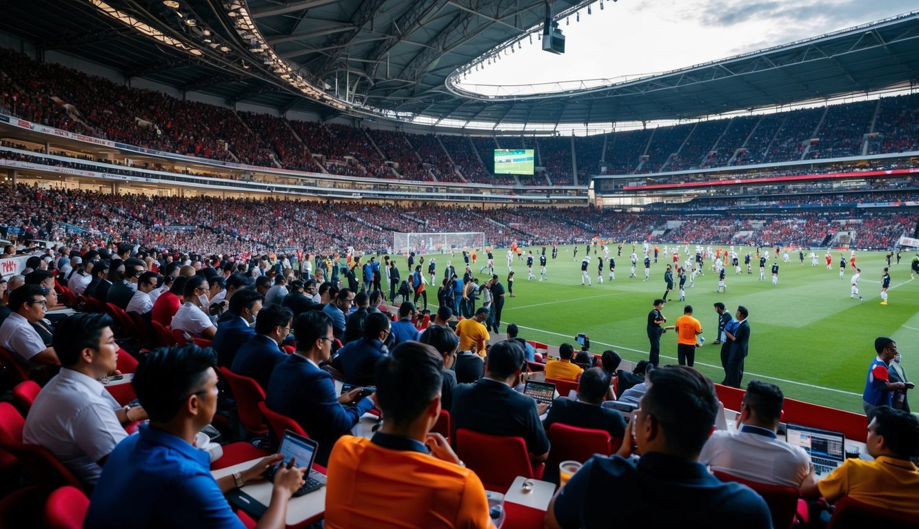 Sebuah stadion yang ramai dengan orang-orang yang memasang taruhan langsung pada sepak bola dan olahraga lainnya di acara Judi Sbobet