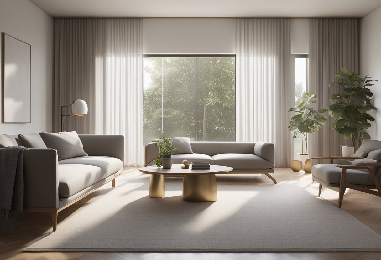 A serene, uncluttered living space with clean lines, neutral colors, and natural light filtering through sheer curtains soft minimalism