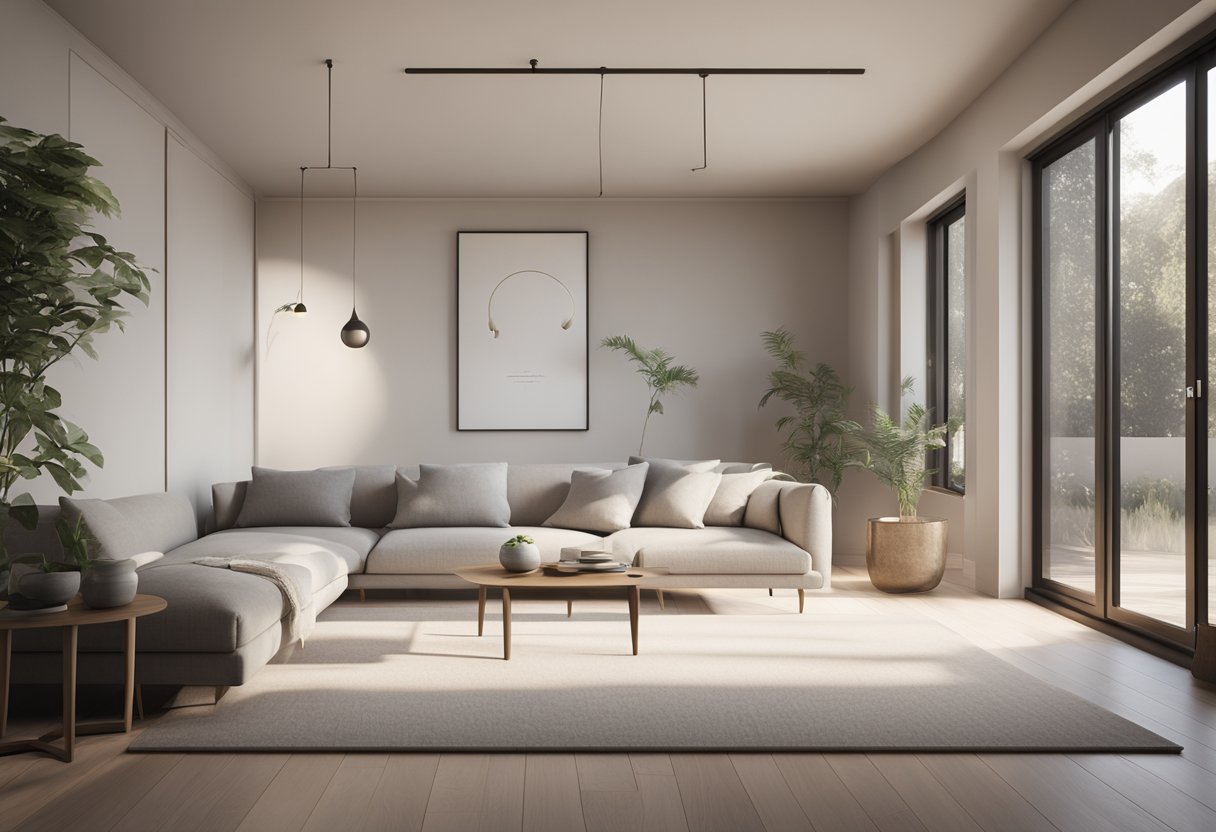 A serene, open space with clean lines and simple, muted colors. A few carefully placed objects create a sense of calm and balance with soft minimalism