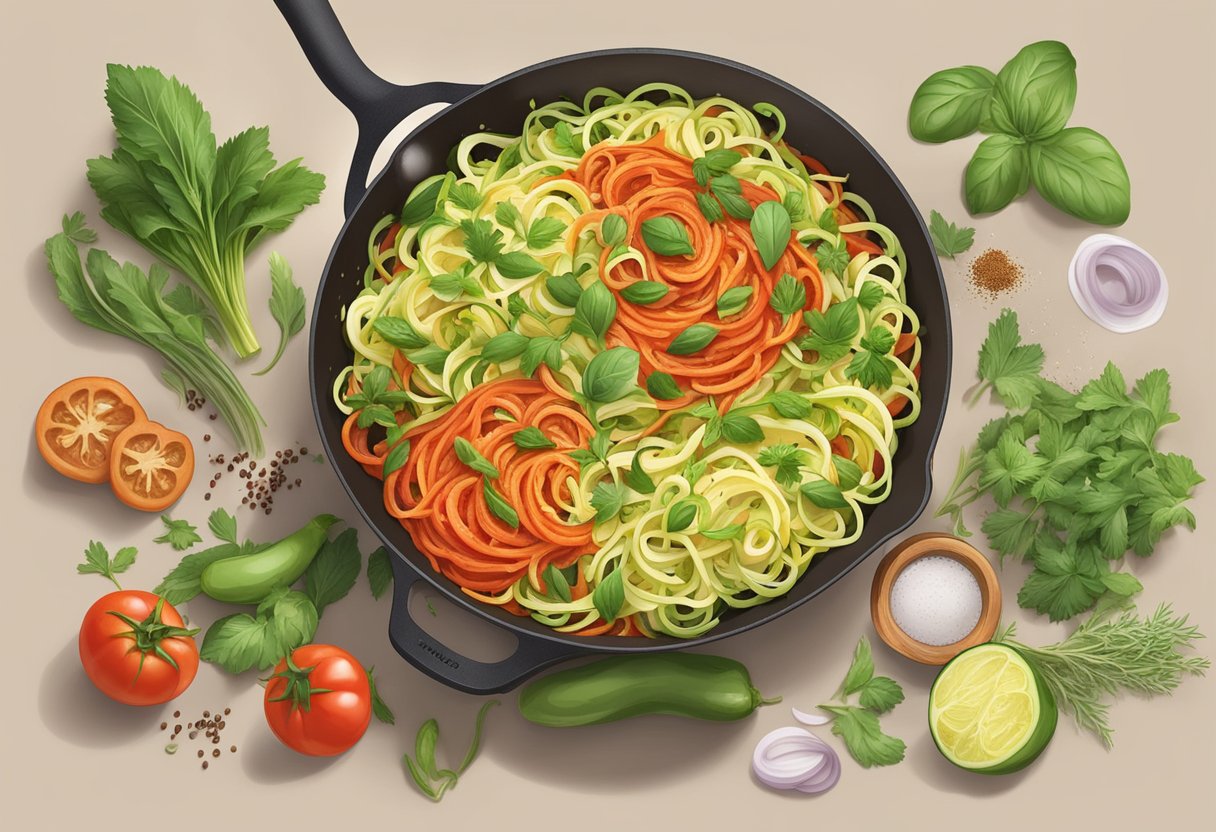 A pan sizzling with spiralized zucchini and vegan marinara sauce, steam rising, surrounded by fresh herbs and spices