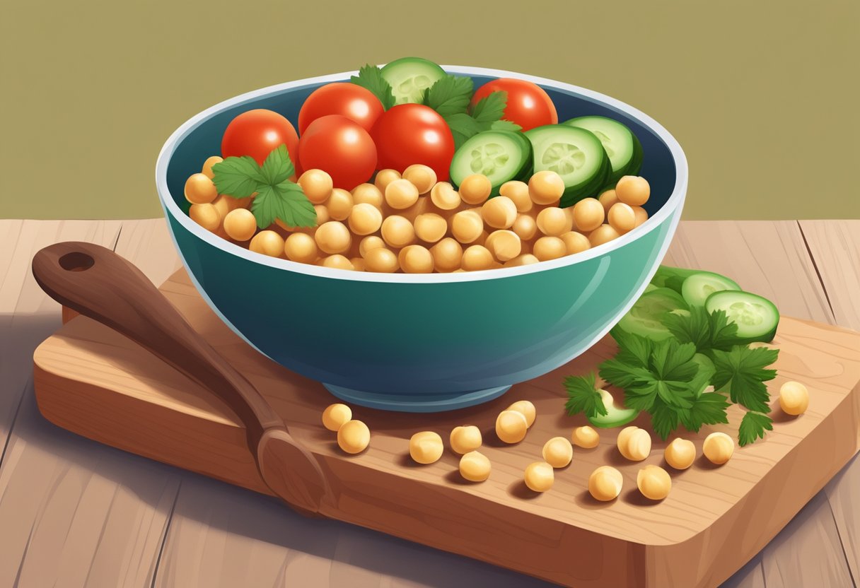 A colorful bowl filled with canned chickpeas, diced cucumber, cherry tomatoes, and fresh herbs, sitting on a wooden cutting board