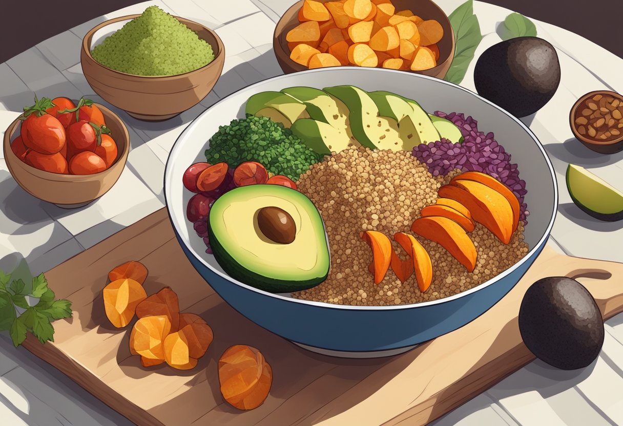 A colorful bowl filled with cooked quinoa, roasted vegetables, and slices of avocado, arranged in an appealing and appetizing manner