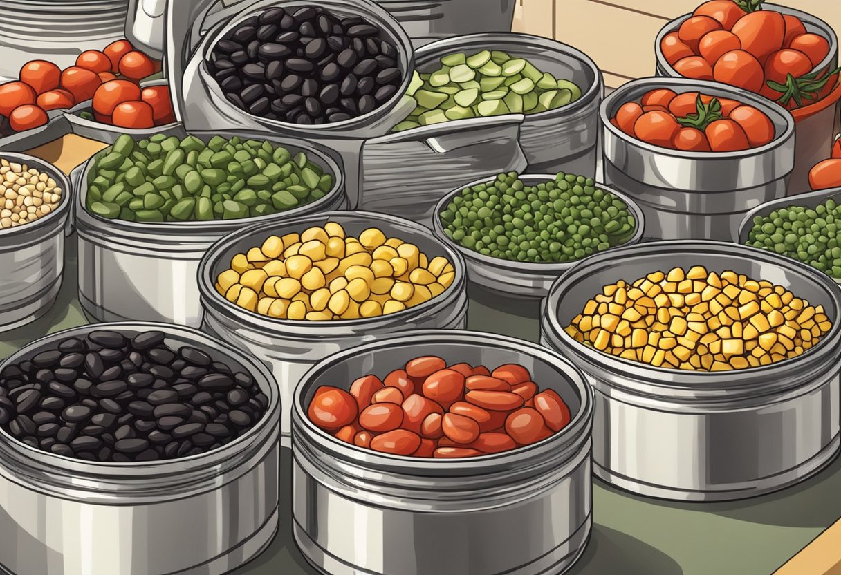 A colorful array of canned black beans, corn, and diced tomatoes arranged on a kitchen counter, ready to be used in making vegan lettuce wraps