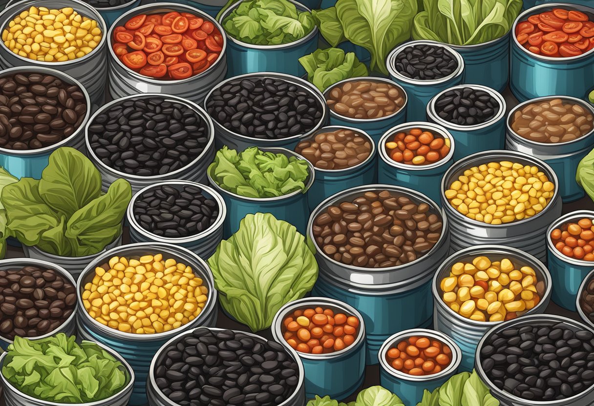 A colorful array of canned black beans, corn, and diced tomatoes, arranged with lettuce wraps for vegan meals