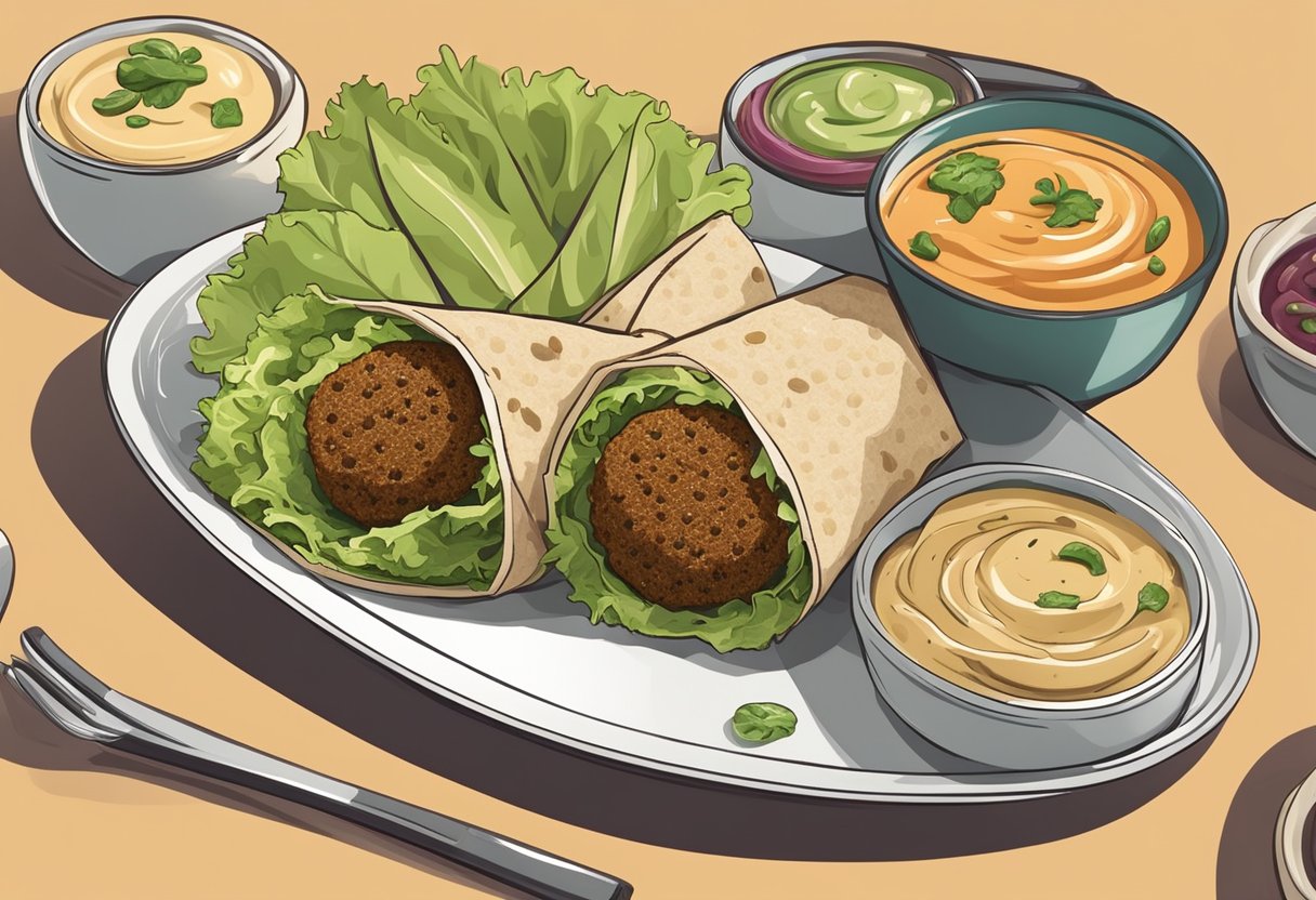 A falafel wrap with vegan hummus, lettuce, and other fresh ingredients arranged on a plate with small bowls of various dips and sauces