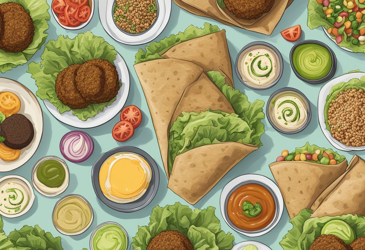 A colorful falafel wrap with lettuce, hummus, and falafel, surrounded by other Trader Joe's vegan lunch options