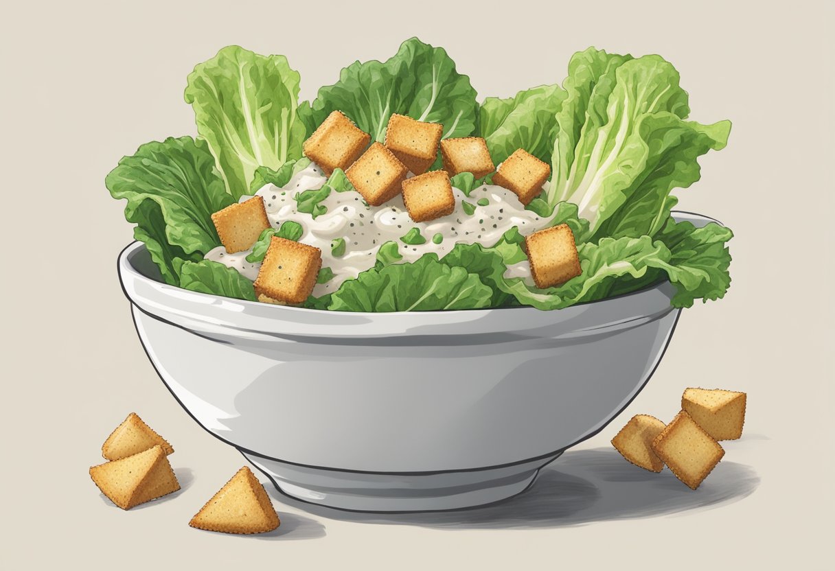 A bowl filled with crisp romaine lettuce, topped with crunchy croutons, and drizzled with creamy vegan Caesar dressing