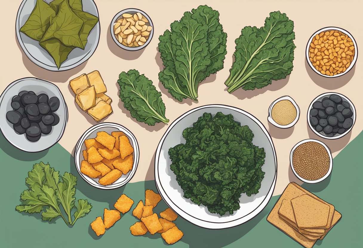 A bowl of Rhythm Superfoods Kale Chips surrounded by other vegan snacks on a table