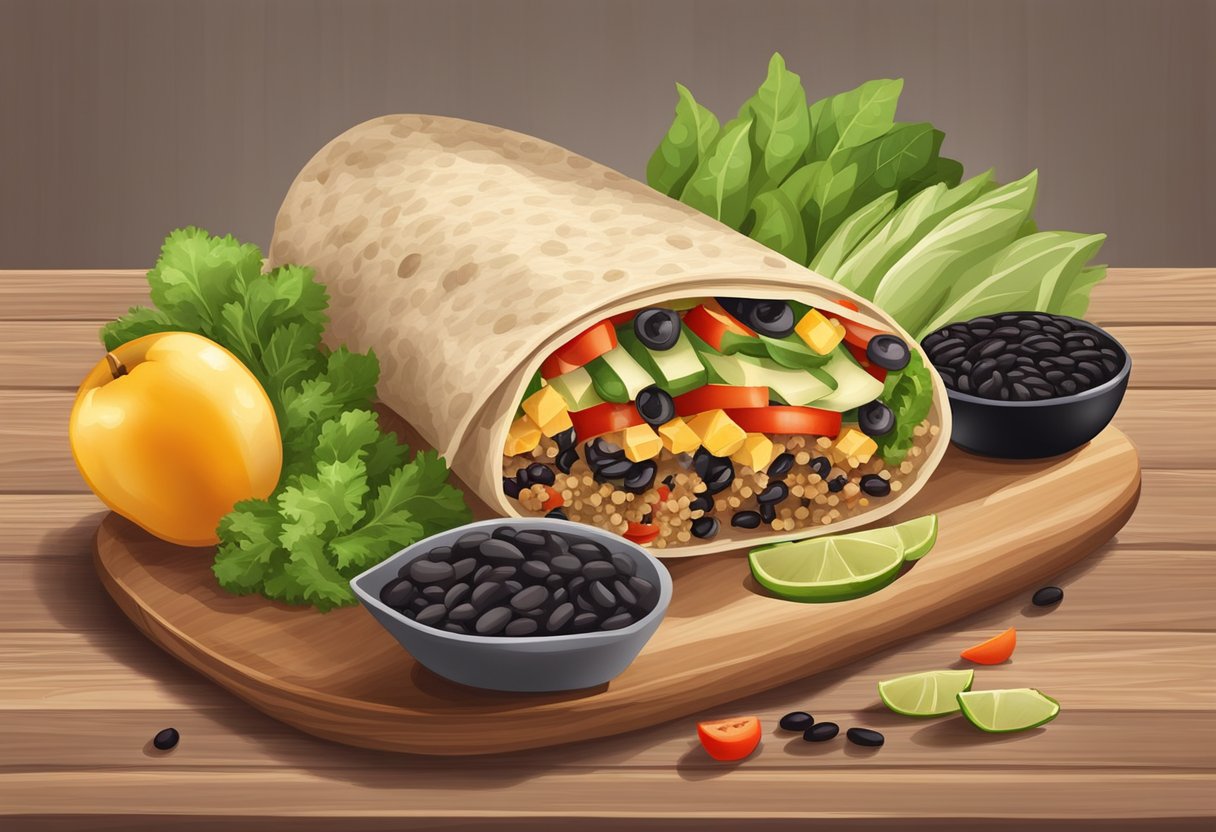 A colorful quinoa and black bean wrap surrounded by fresh vegetables and fruits on a wooden cutting board